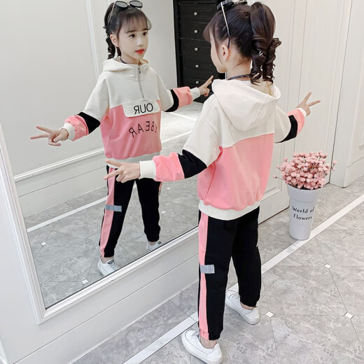 Zemeiyi Children's Clothing Girls Suit 2021 Spring New Korean Style Children's Fashionable Little Girls Spring and Autumn Sports Tops and Pants Two-piece Set Pink 140 (Recommended 126-135cm)