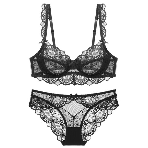 
VRSZEE light luxury brand underwear for women thin style gathering bra set small breasts and sexy lace underwear seductive bikini black 75B