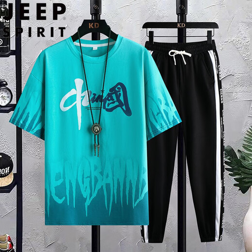 JEEP SPIRIT Summer Teen Short Sleeve T-shirt Men 2025 New Style Boys Fashion Handsome High School Junior High School Student Sports Set 683 Black (Single Short Sleeve) 2XL