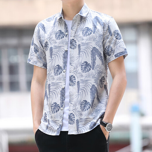 以堡狼夏季薄款外套短袖衬衣休闲男花衬衫帅气青年短袖清凉上衣韩版修身 825蓝色 3XL【推荐140-160斤】