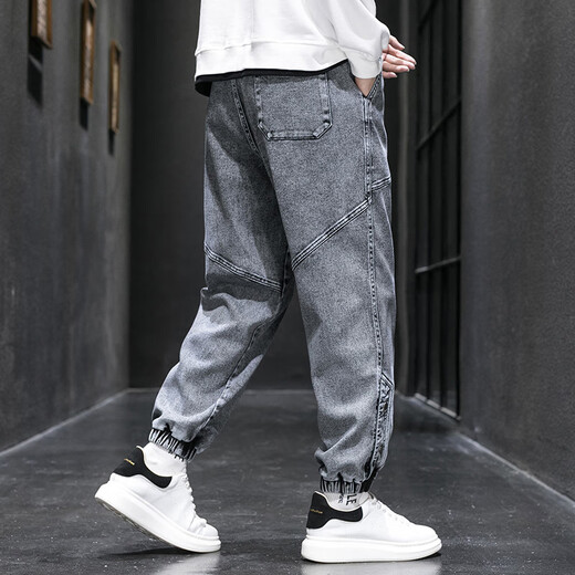 Number one youth jeans men spring and summer retro loose work pants trendy large size men's casual pants men gray XL