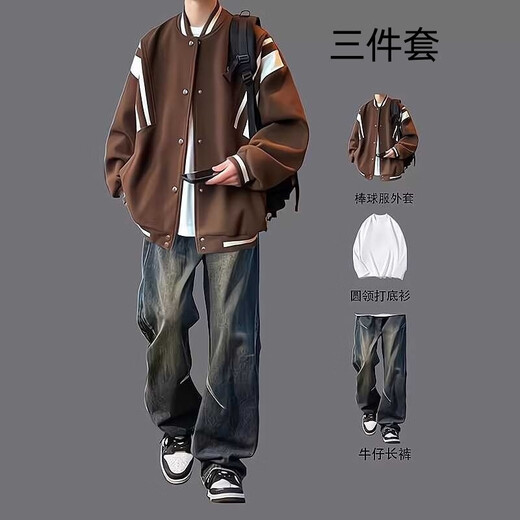 An Chuxia's baseball uniform jacket men's suit spring and autumn trendy brand handsome jacket complete set with handsome jeans three-piece jacket black + long white T + jeans blue three pieces XL recommended 120-140 Jin Jin equals 0.5 kg