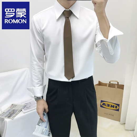 罗蒙（ROMON）衬衫男春秋长袖韩版男士尖领衬衣免烫抗皱商务正装暗扣白色衬衫男 黑色衬衫(不配送领带) XL