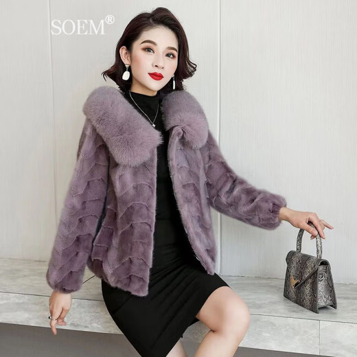 SOEM 2025新款海宁貂皮大衣女真貂短款修身皮草外套女狐狸毛领拼貂 黑色 3XL 125-135