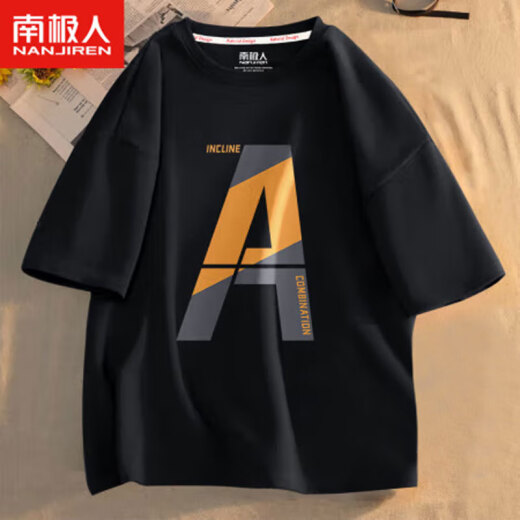 Antarctic short-sleeved t-shirt men's ins trend letter printing large size fat half-sleeved youth casual all-match cotton top black (slanted letters)