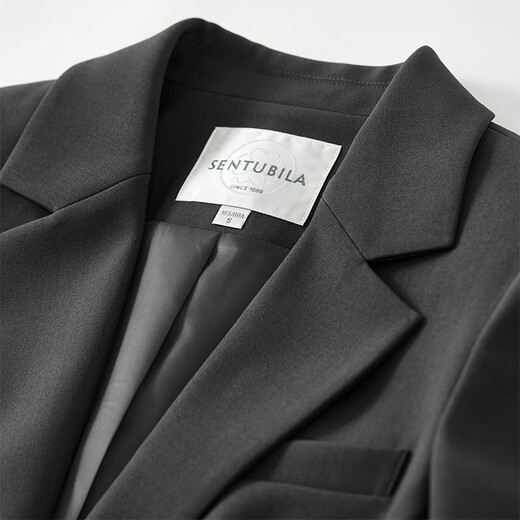 Shandubila 2025 Spring and Autumn Blazer Feminine Commuting One-Button Metal Label Fake Pocket Suit Dark Gray M