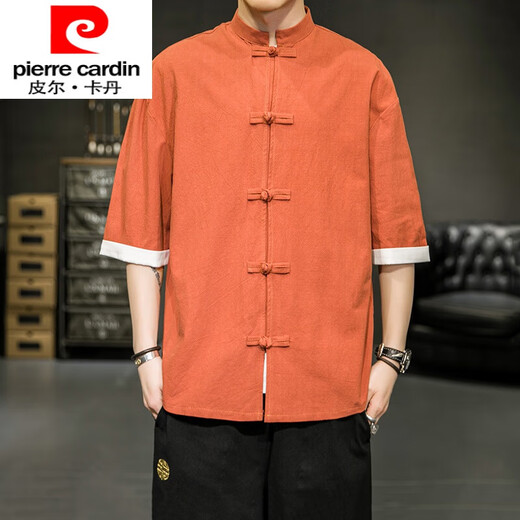 Pierre cardin summer large size Chinese style short-sleeved shirt men's five-point sleeve Tang suit ancient costume cotton linen Hanfu retro Zhongshan suit A8001 red 5XL 200-220Jin [Jin equals 0.5 kg]