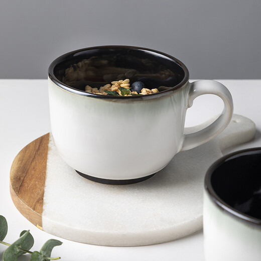 INMIND HOUSE Big belly milk breakfast cup ceramic oatmeal cup with lid spoon large capacity microwaveable European style 600ml gradient gray 600ml (wooden handle spoon + wooden lid)