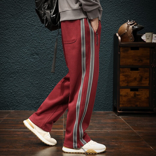 Jingulai striped straight-leg sweatpants for men in spring and autumn, loose zipper pockets, large size fat sweatpants, men's casual pants, red, thickened, velvet, 3XL, weight 180-200Jin Jin is equal to 0.5 kg