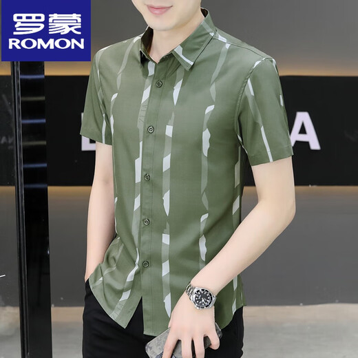 罗蒙（ROMON）高档夏季男短袖衬衫潮流痞帅气感冰高端商务中老年网红2025 7027绿色 XL 125-140斤