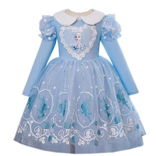 G.duck Elsa Princess Dress Girls Spring and Autumn Frozen Puff Dress Autumn and Winter Children's Elsa Dress Dress Skirt Long Sleeve Blue (with Veil) + Eight-piece Set 120 Suitable for heights around 110cm