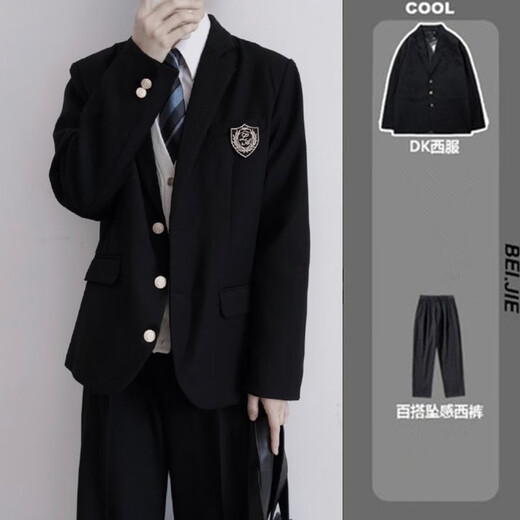 Tang Dynasty Japanese College Style Dk Uniform traje de traje de uniforme suelto y guapo Spring y Autumn JK Clase de estudiante Traje de insignia de uniforme Traje negro + Camisa blanca + pantalones + Tada azul marino XL XL