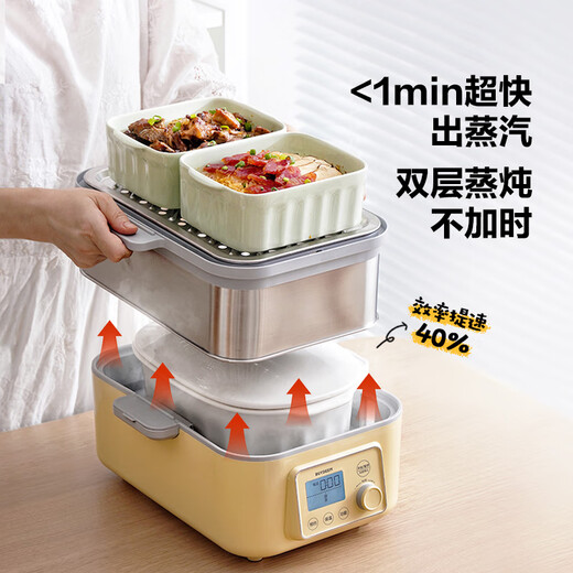 
Beiding (Buydeem) electric steamer, large-capacity household steamer, stewing and cooking, multi-purpose pot, smart visual electric stewing pot, double-layer timed insulation multi-function pot, stainless steel steamer, G56A shallow fir green, two-layer steamer rack + glass stewed pot + white plate 10L