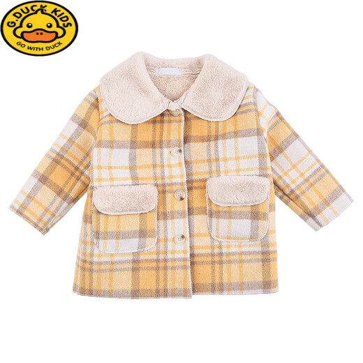 G.DUCKKIDS Girls' Plaid Woolen Coat 2024 Autumn and Winter New Style Western Style Baby Girl Temperament Mid-Length Velvet Woolen Coat Purple Plaid 130 cm