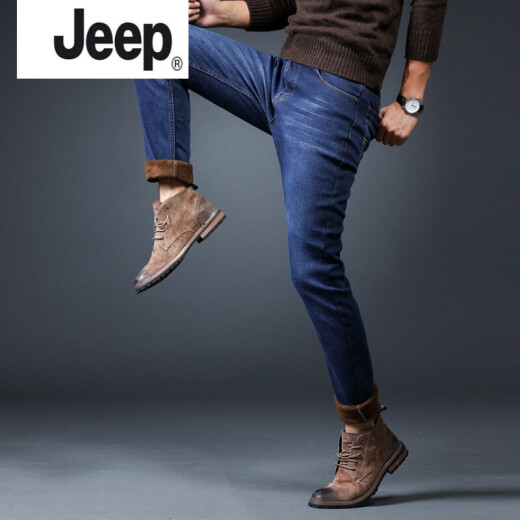 Jeep JEEP winter stretch velvet jeans men's loose straight men's casual thickened warm pants men's trousers autumn and winter dark blue 009 plus velvet 30