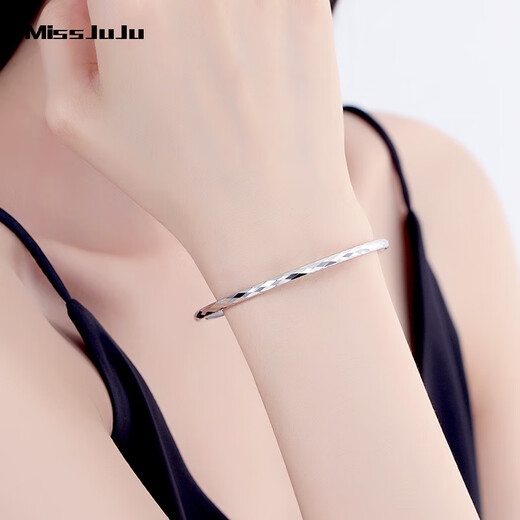 Miss JuJu PT950 platinum bracelet for women, white gold, round plain ring, stacked thin bracelet, semi-solid, inner diameter 54mm, weight 8.51g, about 3mm thick