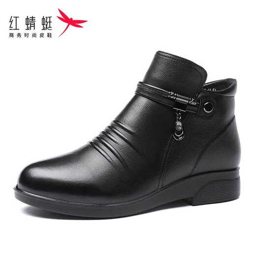 红蜻蜓真皮妈妈棉鞋冬季加绒加厚羊毛皮鞋女防滑软底中老年短靴女马丁靴 黑色WTC9277 【羊毛内里】 37