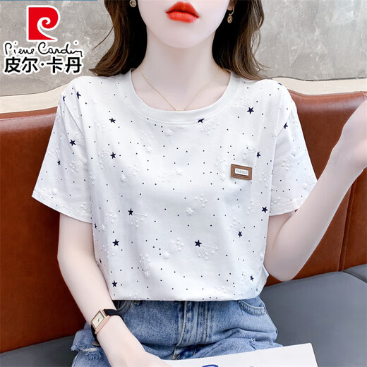 Pierre Cardin Pure Cotton Kurzärmelte T-Shirt für Frauen Sommer 2024 NEU LOOSSCHLIESSE BEDEUTUNG DRUCKELN STANDILE T-Shirt Top Trend 1396 Blue Meteor + 8201 Blue Plaid S für 80-99 Jin [Jin gleich 0,5 kg]