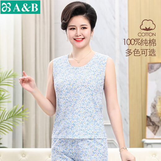 AB纯棉女中老年春夏薄款家居服睡衣妈妈背心居家宽松大码上衣S722 蓝雅【上衣】 4XL
