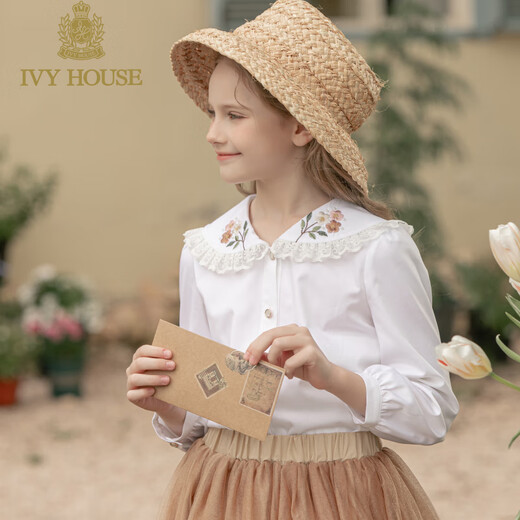 IVY HOUSE Ivy children's clothing for girls and older children in autumn new style French embroidery large collar piece elegant simple shirt for children white 120cm (120/56)