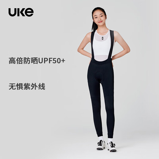 UKE女背带骑行裤长裤 UPF100+高倍防晒 贴身高弹户外自行车运动长裤 黑色 B001 XL