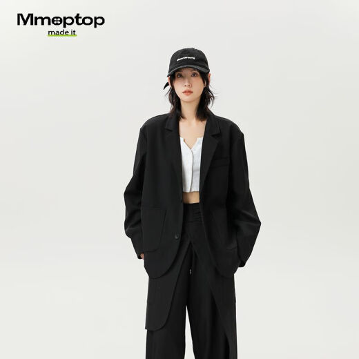 MMOPTOP高级感西服外套男士春秋季情侣纯色宽松休闲西装2516哑光黑L