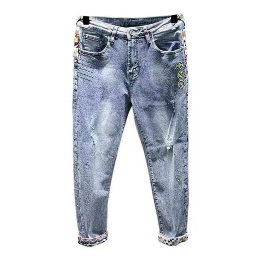 OSSO Lang Stickerei Trendy Marke INS Spleißen Internet Promi gutaussehende Neun-Punkte koreanische Style Trendy Jeans Herren gerissene schlanke Hose hellblau 869 28