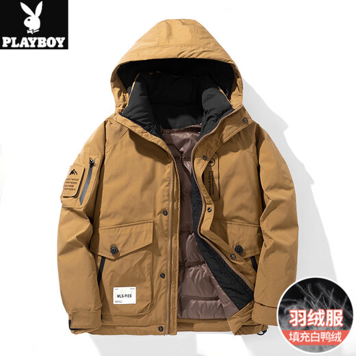 花花公子羽绒服男士冬季2025新款潮牌连帽加厚保暖冬装休闲工装帅气外套男 9871 黑色【羽绒服-白鸭绒】 L【适合100-120斤】