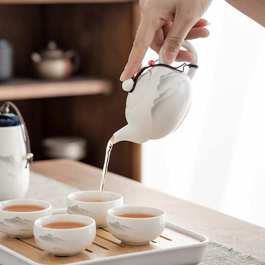 Gold inlaid jade travel tea set home outdoor portable mutton fat jade porcelain Kung Fu tea set tea tray beautiful view of the sea of clouds