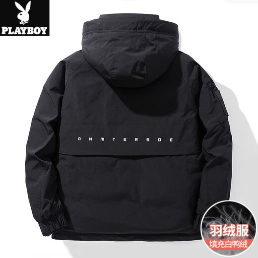 花花公子羽绒服男士冬季2025新款潮牌连帽加厚保暖冬装休闲工装帅气外套男 9871 黑色【羽绒服-白鸭绒】 L【适合100-120斤】