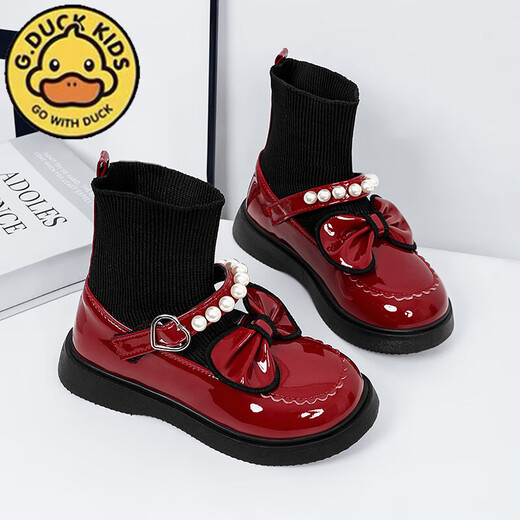 G.duck Little Yellow Duck Girls' Shoes Small Leather Shoes 2025 Children's Short Boots Princess Martin Boots Autumn and Winter Little Girls Black Boots HDL-Red 818 (Single Shoe) Size 31 Inner Length 19.3cm