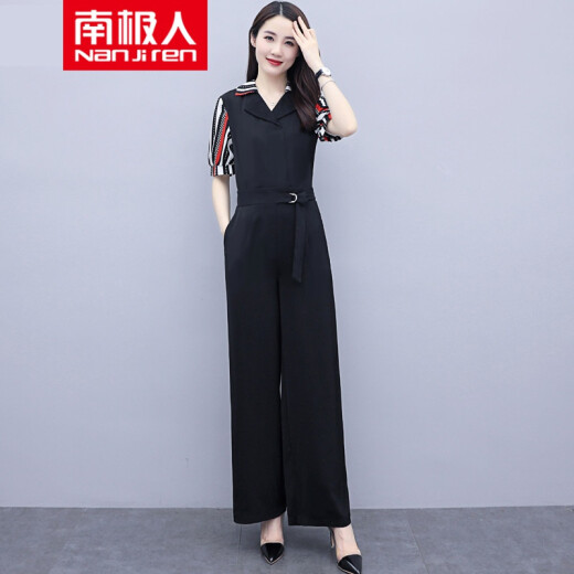 Antarctic High Waist Jumpsuit Women's Summer 2021 New Arrival Temperament Waist Collar Falling Chiffon Straight Jumpsuit Wide Leg Pants Thin Black Stripe Splicing L