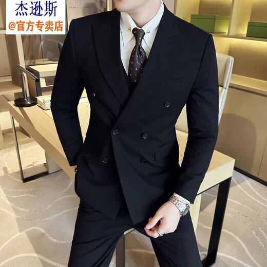 Jason's British business gun lapel double-breasted slim suit suit men's light luxury wedding dress groom's suit three-piece suit 338 black (suit + pants) XL