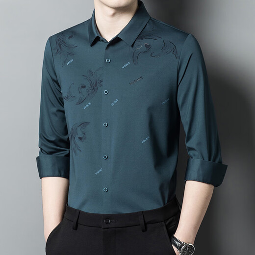 JASONWOOD高端品牌男装长袖衬衫男士春秋新款商务休闲免烫印花男士衬衣上衣 6627红色 XXS 105 推荐【90-110斤】