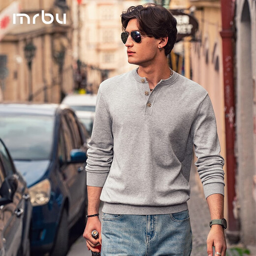 Mr. Bu Henry collar pure cotton sweater long-sleeved men's 2023 spring and autumn new retro casual men's wear BT12255 light gray 2XL (185)