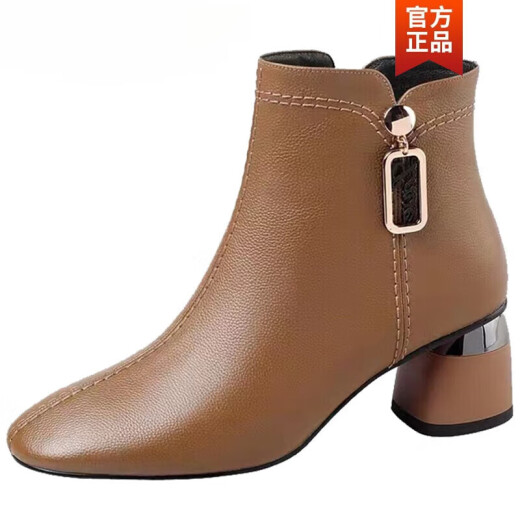 Cartelo High Heel Boots Winter Kurzstiefel Frauen Frühlings- und Herbst -Single -Stiefel Lederstiefel 2023 Neue echte Leder -Frauenschuhe runden Zehen Dicke Ferse Martin Stiefel Khaki Farbliste 36