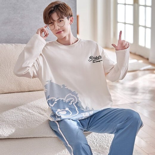 智兜兜潮汕揭阳睡衣男睡衣男士春秋季棉质青少年长袖长裤套装宽松家居服 长的袖长库-a1283 10XL 少年版m码 140-152cm 60-8