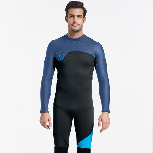 Sharbat 3MM wetsuit for men, thickened and warm, winter swimming, outdoor snorkeling one-piece long-sleeved swimsuit, surfing jellyfish suit, dark blue and black, water orchid L (suitable for 110-125 Jin Jin equals 0.5 kg)