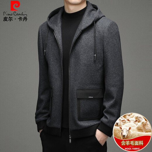 Pierre Cardin men's short autumn and winter thickened double-sided woolen jacket hooded jacket casual knitted 2101 black 185