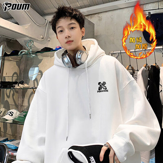POUM American hooded sweatshirt men's autumn and winter velvet thickened warm trendy brand jacket POW05B white XL