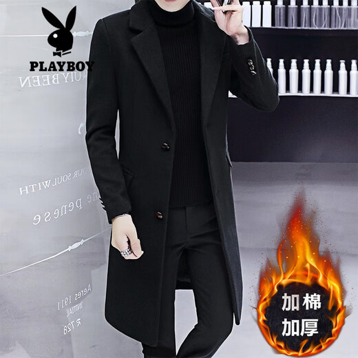 Playboy (PLAYBOY) men's windbreaker new autumn and winter woolen coat men's Korean style trendy cotton thickened youth woolen coat men 988 black XL XL (recommended 125-140Jin Jin equals 0.5 kg)