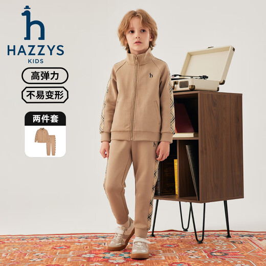哈吉斯（HAZZYS）品牌童装男童套装秋季新款弹力舒适休闲时尚立领格纹拼接套装 藏蓝 155