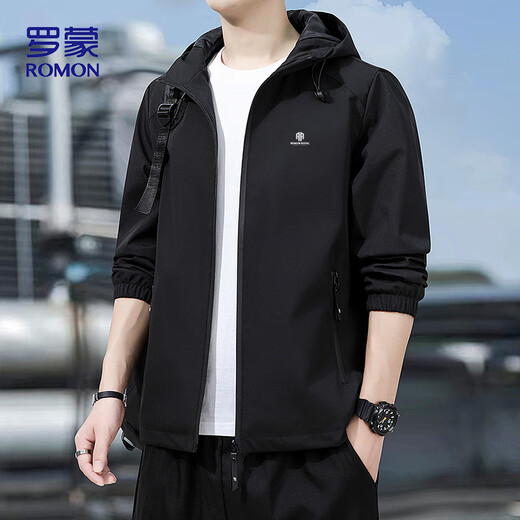 ROMON Jacket Men's Autumn Business Hooded Casual Versatile Windproof Top Executive Jacket Men's IEOB Black XL