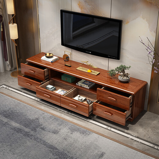 Nanyi TV-Schrank Goldene Walnuss Massivholz-TV-Schrank Couchtisch Kombination moderne Wohnzimmermöbel im chinesischen Stil 2,0 m Sechs-Pull-Fernsehschrank Walnuss Walnuss