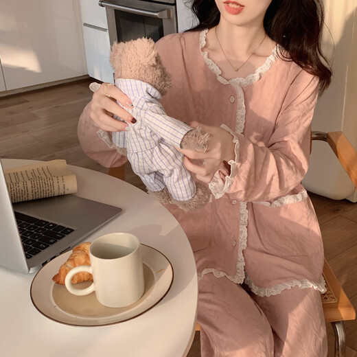 浪莎甜美2025春夏夏季提花棉质睡衣少女新款长袖长裤套装公主风家居服 带胸垫9904#杏色 M 建议80-100斤