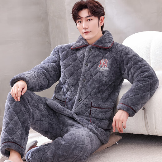 Xuanduoqi Pajamas Трехслойная утолщенная коралловая бархатная хлопчатобумажная фланельная фланель теплой домашней одежды осень и зимний стиль C9921# черные серого цвета [плуг] XL (125-145Jin [Jin равняется 0,5 кг]).