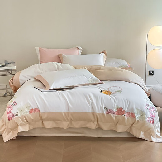 Arctic velvet (Bejirog) 100 long velvet cotton four-piece set full cotton embroidered quilt cover bed sheet double pure cotton quilt cover bedding style slightly drunk rose - elegant white 1.5m (5 feet) bed sheet four-piece set
