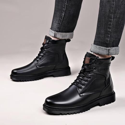 KLWP Martin boots men's genuine leather wool warm cotton boots high top layer cowhide work clothes outdoor thickened 3519 black (wool style 39