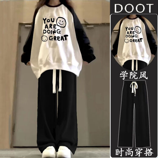 
Bafia Yue girls' clothes set 13-15 years old spring and autumn new style big children's long-sleeved female junior high school students casual two-piece set rag-shoulder sweatshirt + black drawstring pants S size recommended 60-85 Jin [Jin equals 0.5 kg]