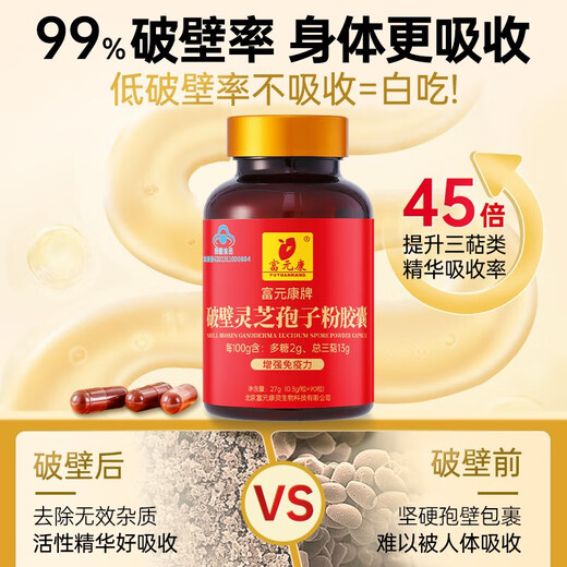 富元康破壁灵芝孢子粉胶囊 含灵芝孢子油 长白山灵芝 破壁孢子粉 保健品 【单瓶装】90粒*1盒